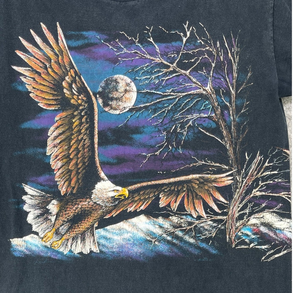 VTG Hazelwoods Bald Eagle T-Shirt Mens Medium Black Nature Single Stitch AOP USA